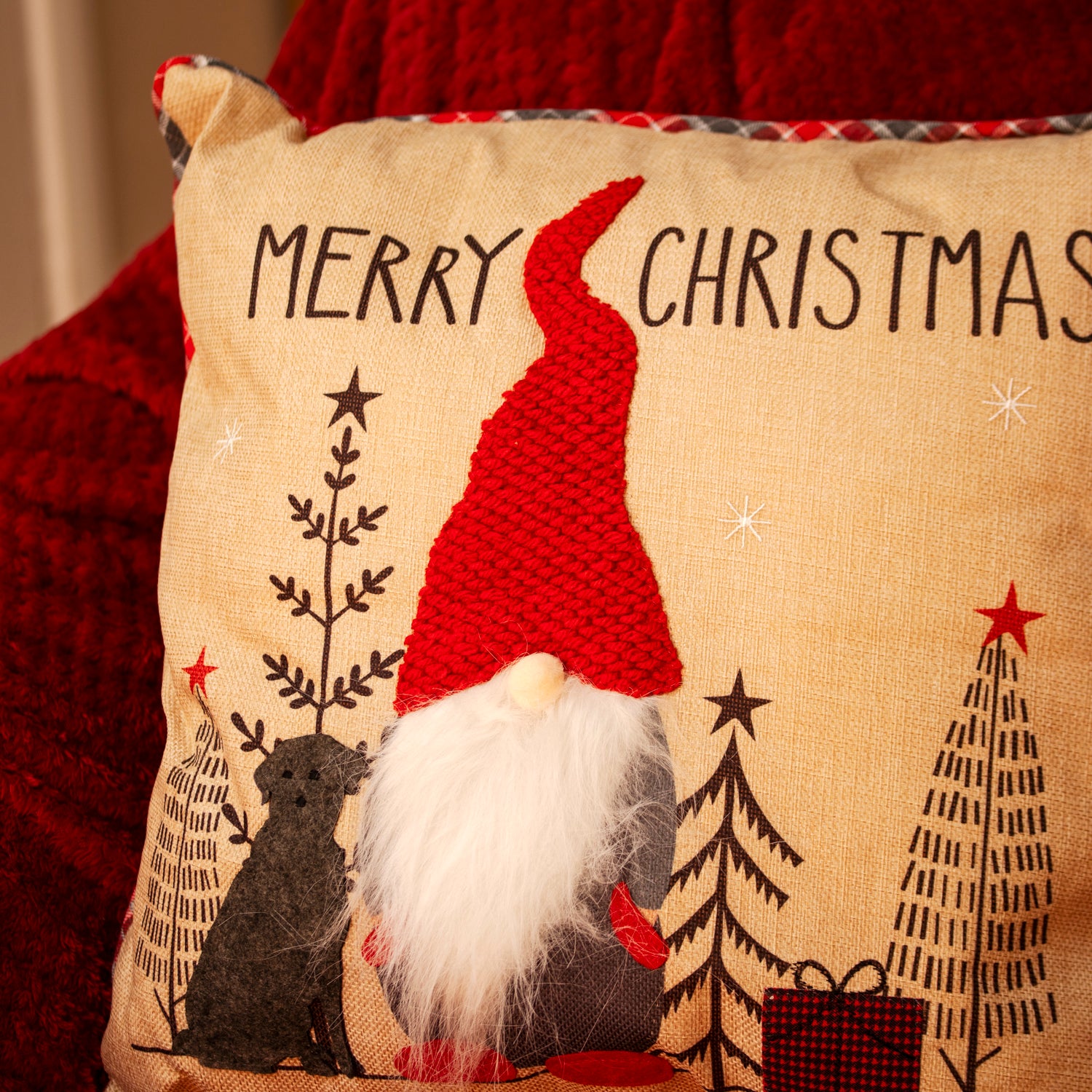 Hessian Tartan Christmas Gnome Cushion