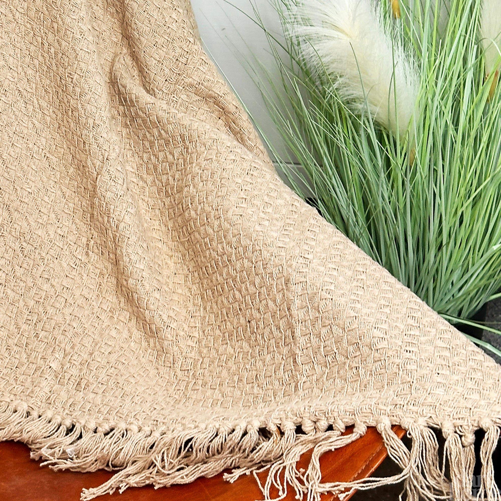Sand Plaid Cotton Fringed Throw 170cm x130cm