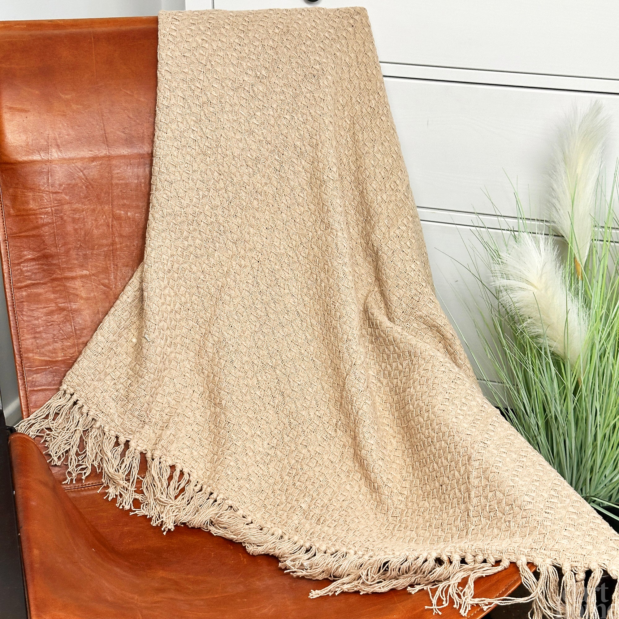 Sand Plaid Cotton Fringed Throw 170cm x130cm