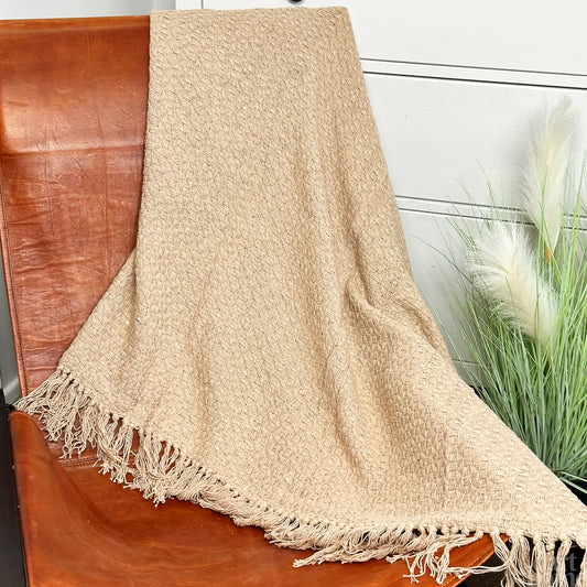 Sandfarbener Plaid-Überwurf aus Baumwolle mit Fransen, 170 cm x 130 cm