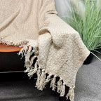 Beige Plaid Cotton Fringed Throw 170cm x130cm