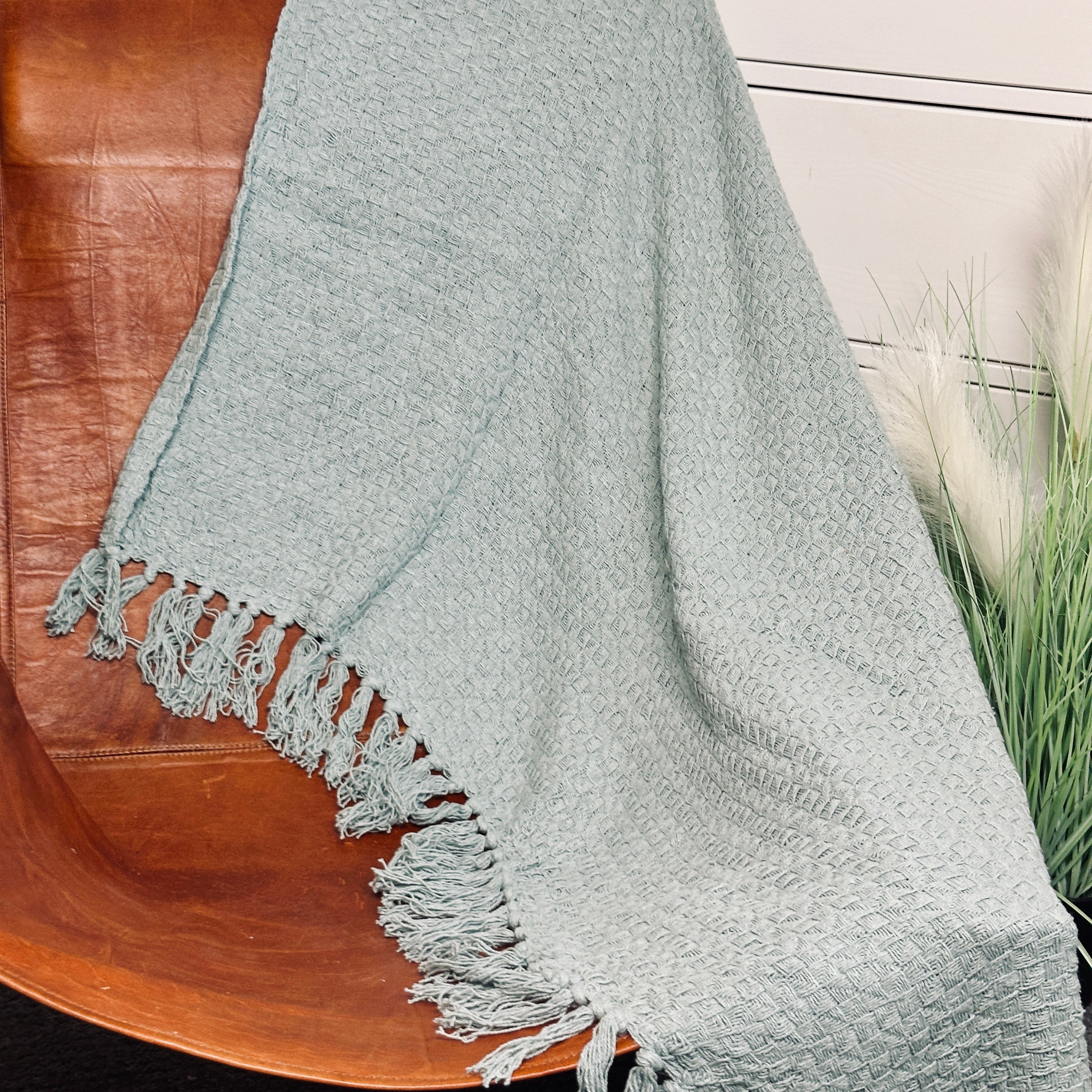 Blue Plaid Cotton Fringed Throw 170cm x130cm