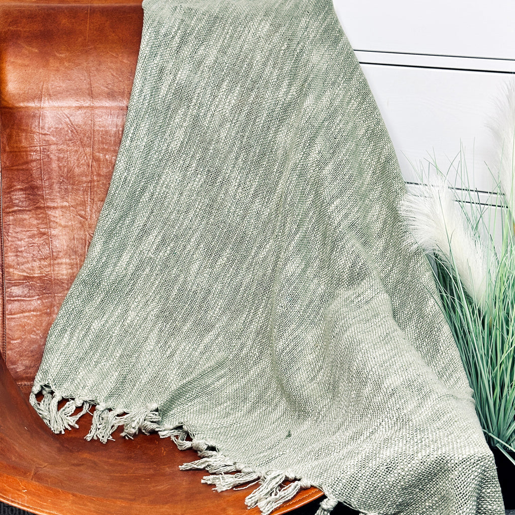 Green Cotton Fringed Throw 170cm x130cm