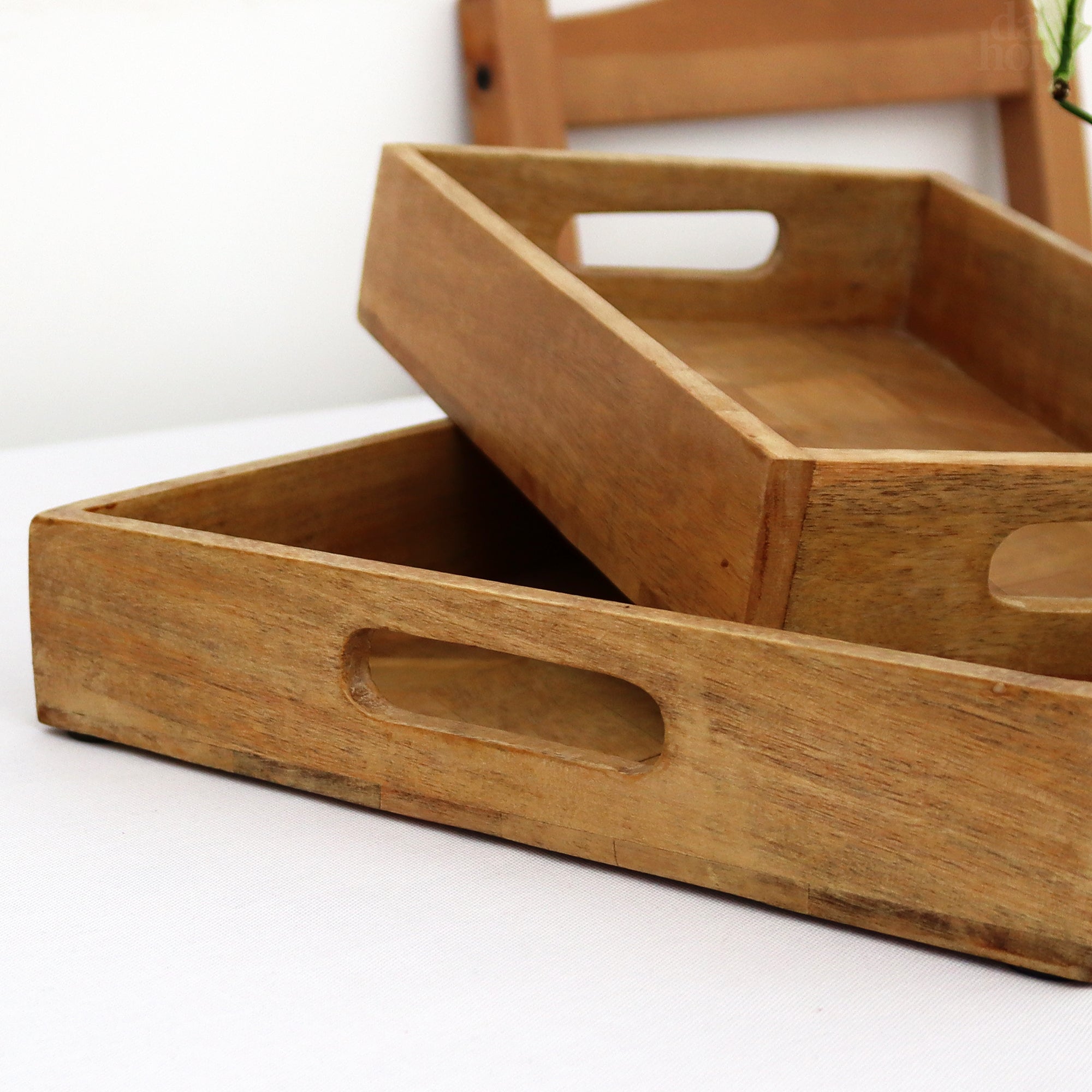 Set Of 2 Rectangle Herringbone Wooden Trays