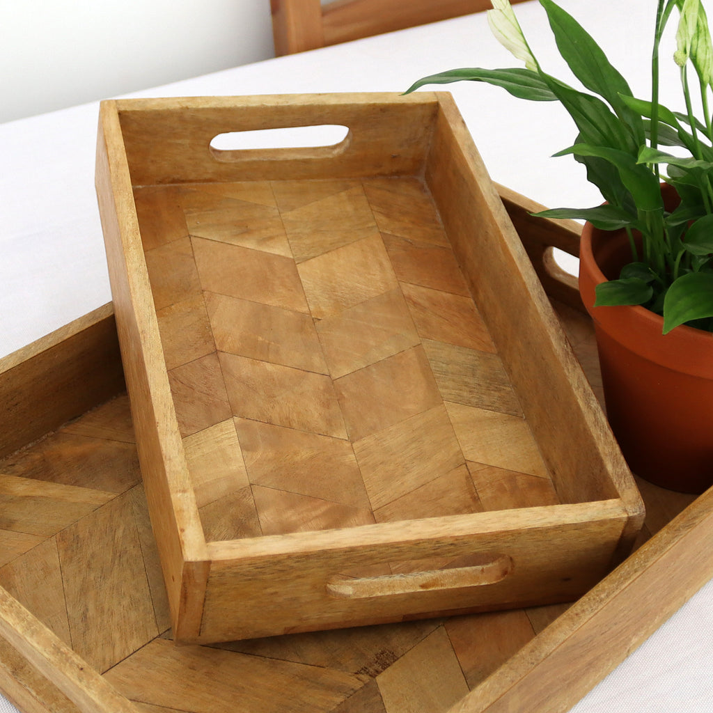 Set Of 2 Rectangle Herringbone Wooden Trays