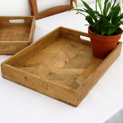 Set Of 2 Rectangle Herringbone Wooden Trays