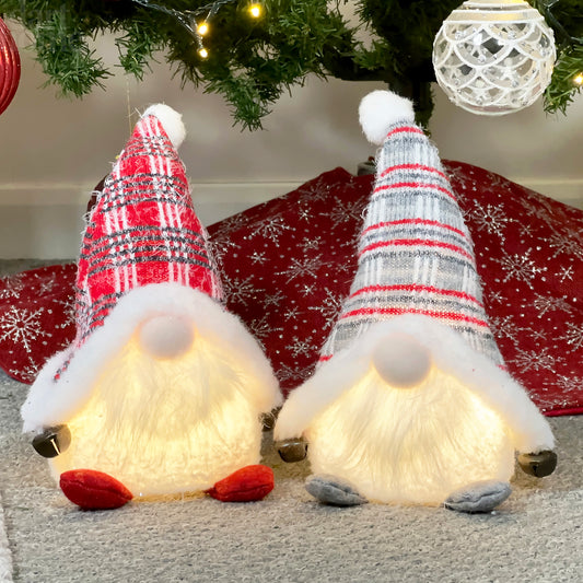 Set Of 2 Light Up Tartan Christmas Gnomes