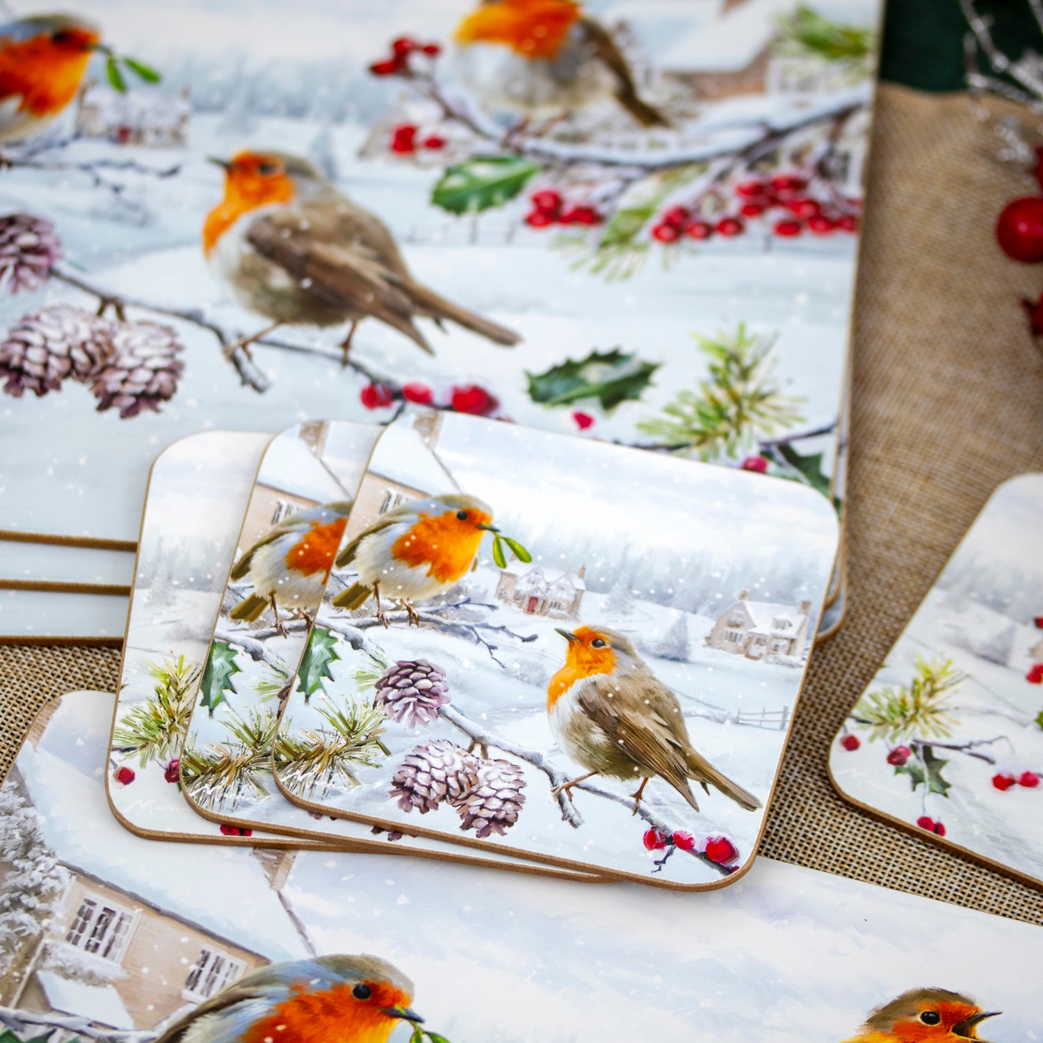 Set Of 4 Christmas Robins Placemats & Coasters