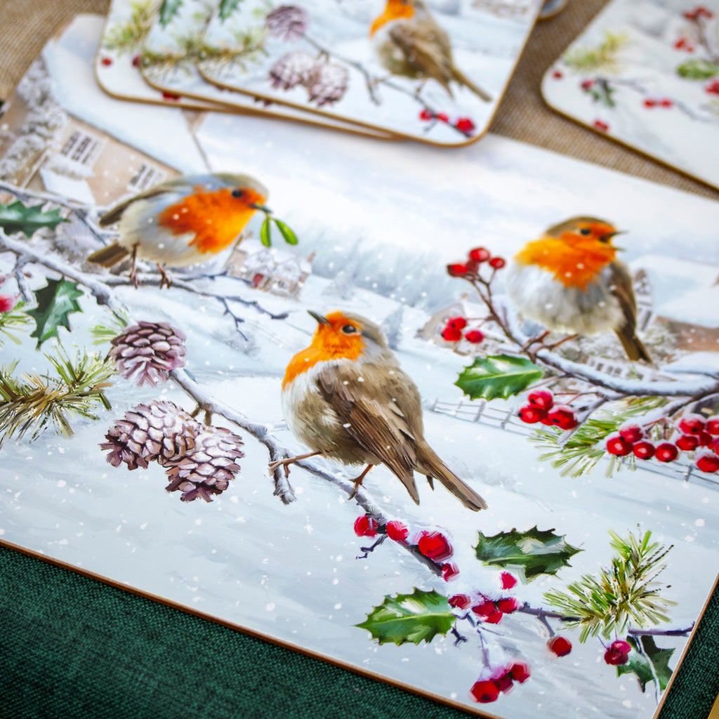 Set Of 4 Christmas Robins Placemats & Coasters