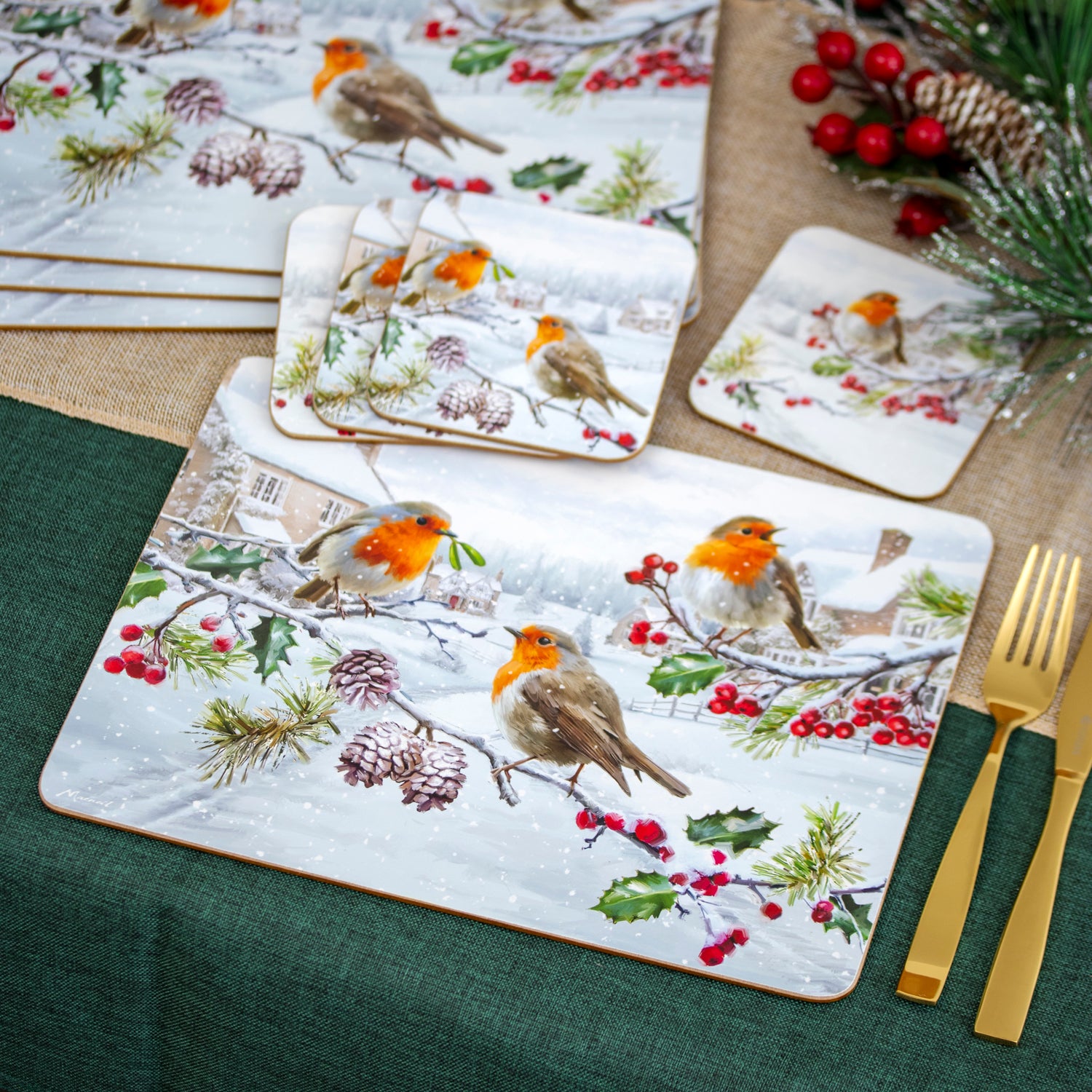 Set Of 4 Christmas Robins Placemats & Coasters