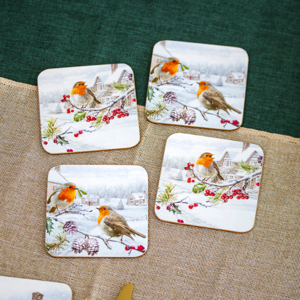 Set Of 4 Christmas Robins Placemats & Coasters