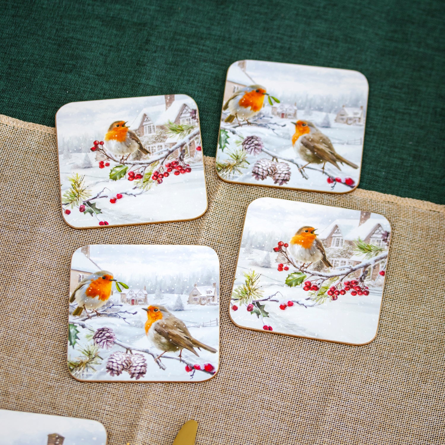 Set Of 4 Christmas Robins Placemats & Coasters