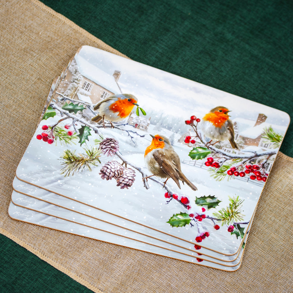 Set Of 4 Christmas Robins Placemats & Coasters
