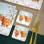 Set Of 4 Christmas Highland Cow Placemats And Coasters