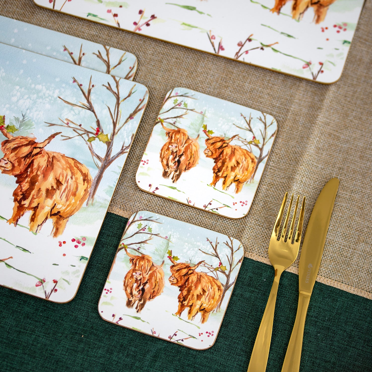 Set Of 4 Christmas Highland Cow Placemats And Coasters