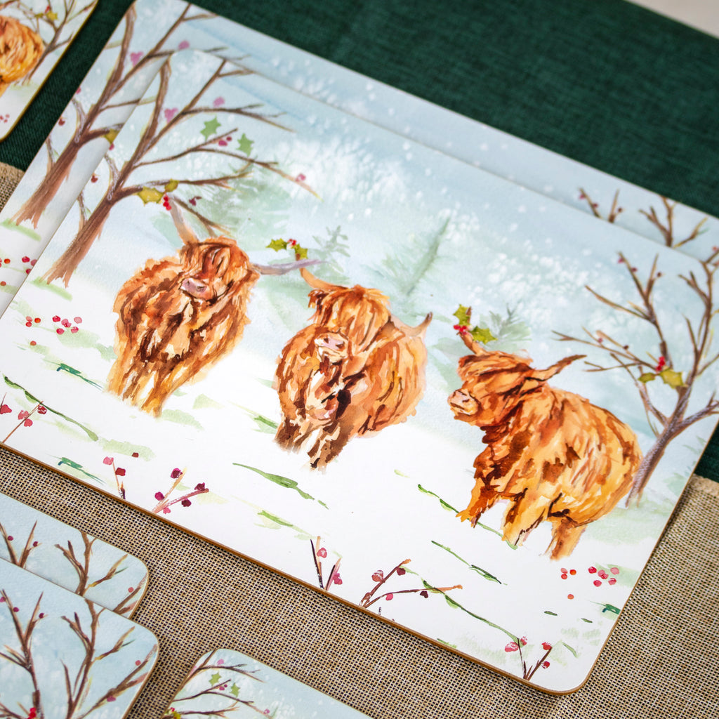 Set Of 4 Christmas Highland Cow Placemats And Coasters