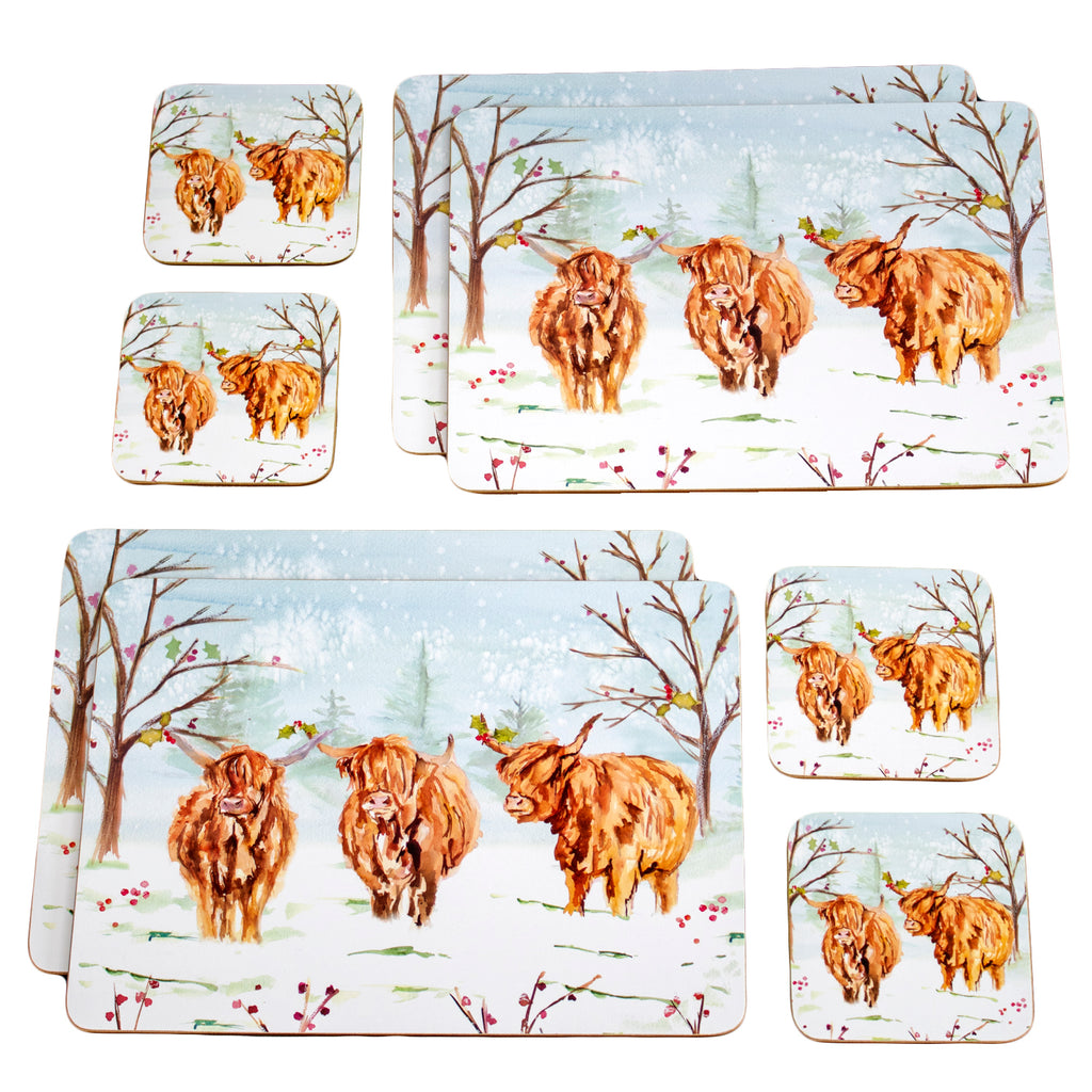 Set Of 4 Christmas Highland Cow Placemats And Coasters