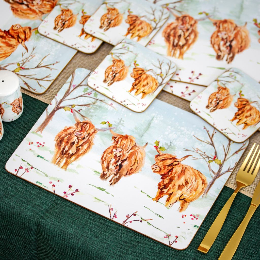 Set Of 4 Christmas Highland Cow Placemats And Coasters
