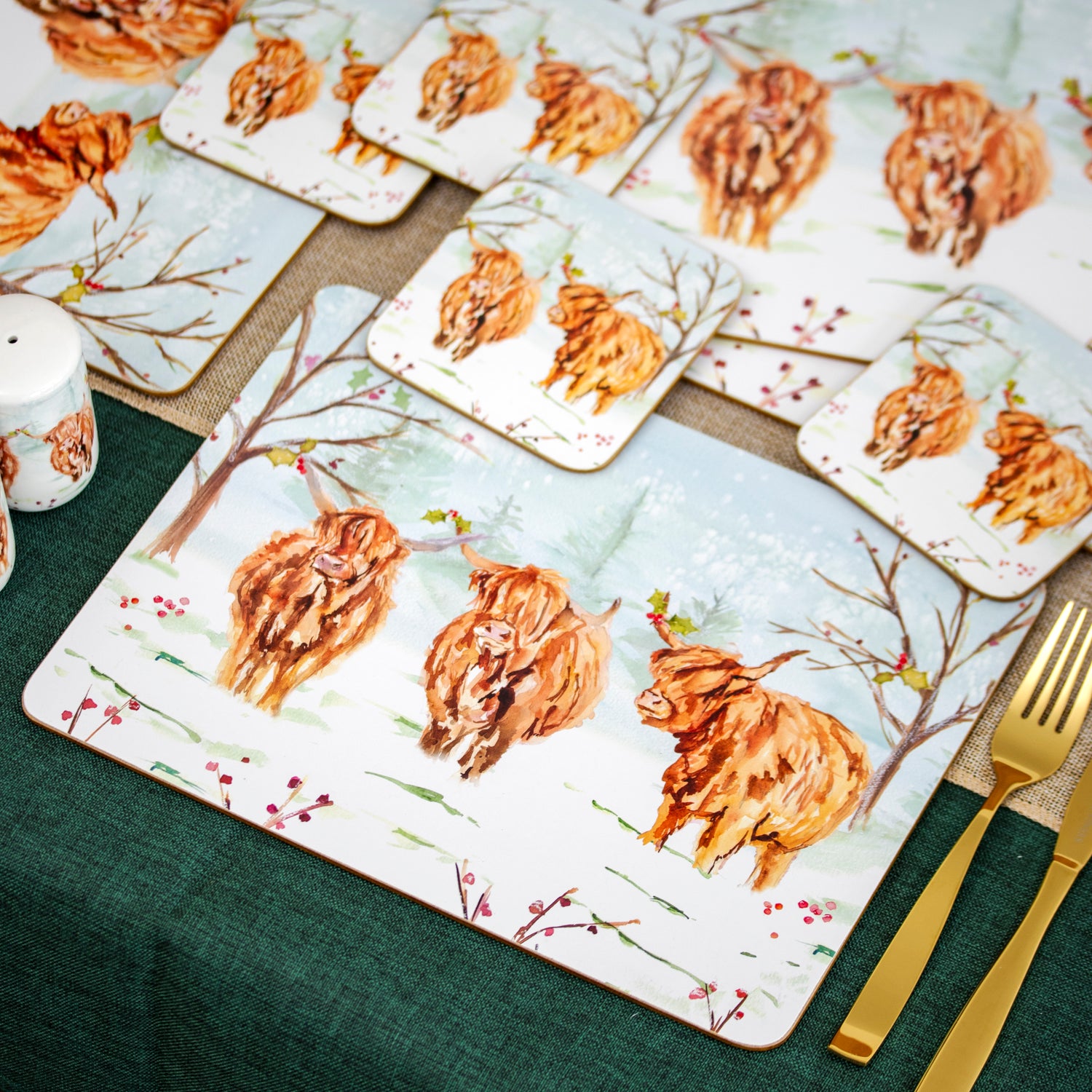 Set Of 4 Christmas Highland Cow Placemats And Coasters