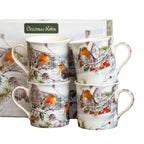 Set mit 4 Weihnachtstassen mit Rotkehlchenmotiv in Geschenkbox