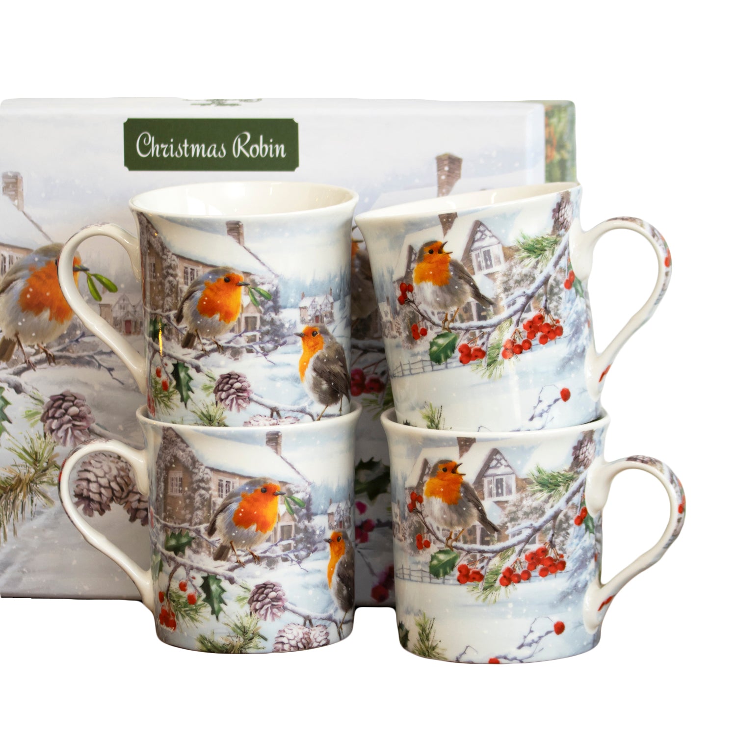 Set mit 4 Weihnachtstassen mit Rotkehlchenmotiv in Geschenkbox