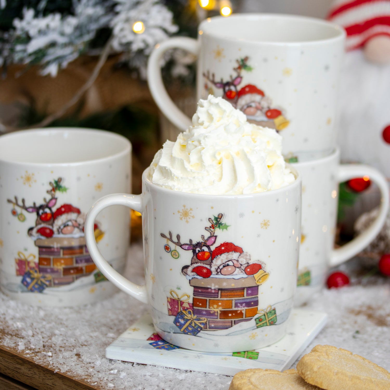Set Of 4 Christmas Bug Art Santa Claus Mugs