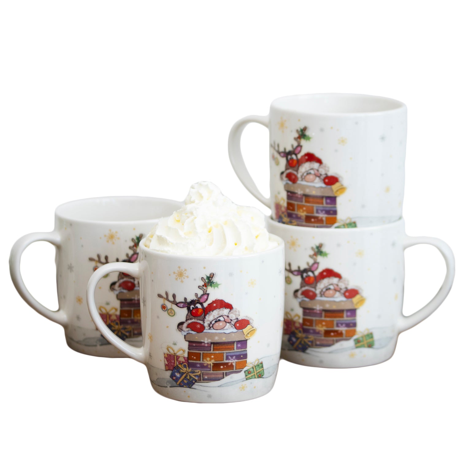 Set Of 4 Christmas Bug Art Santa Claus Mugs