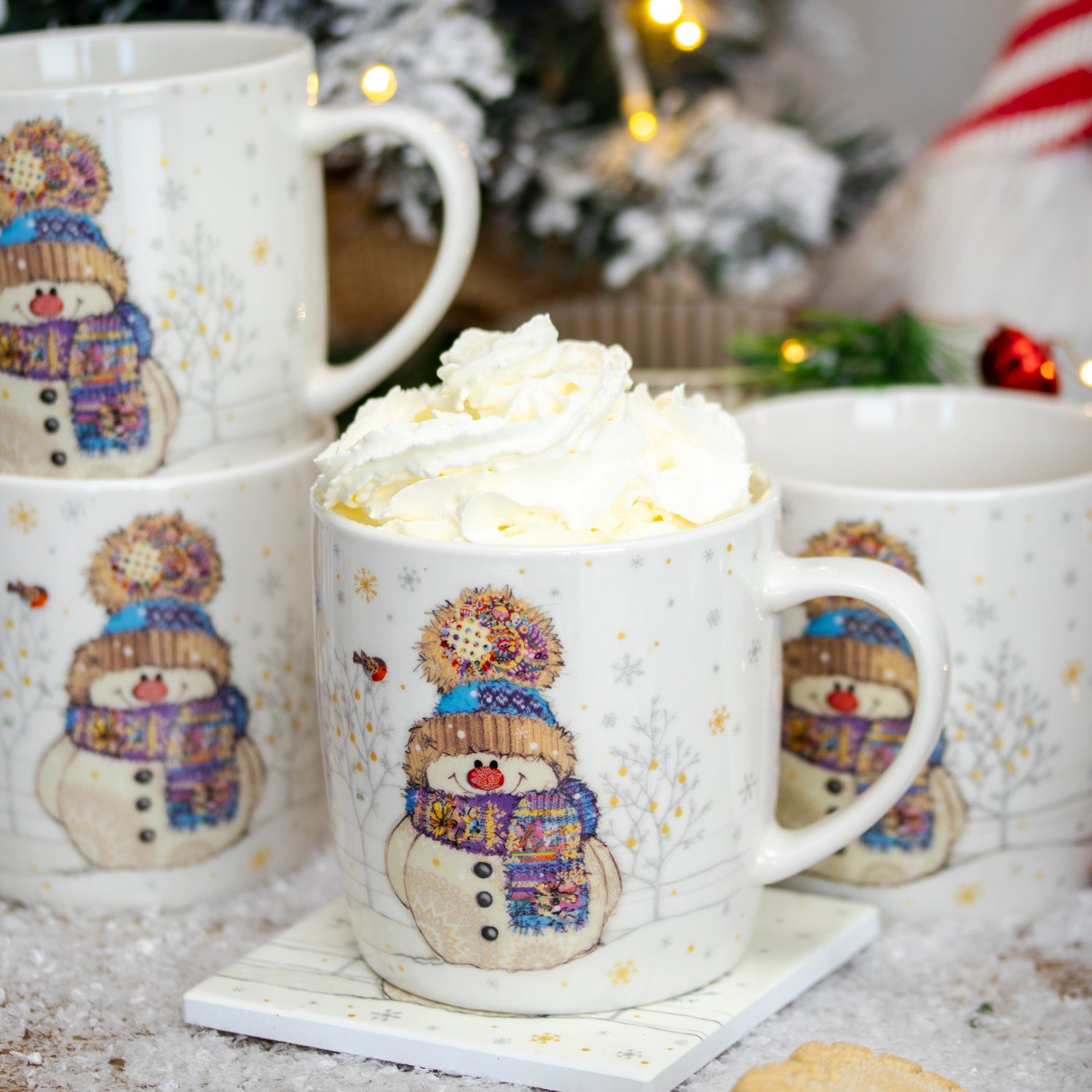 Set Of 4 Christmas Bug Art Snowman Mugs