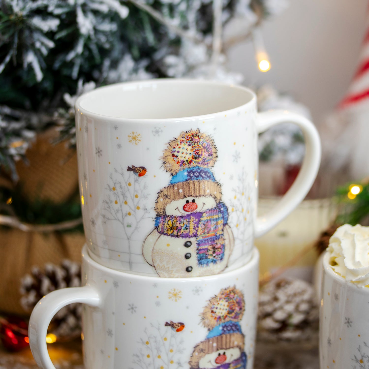 Set Of 4 Christmas Bug Art Snowman Mugs