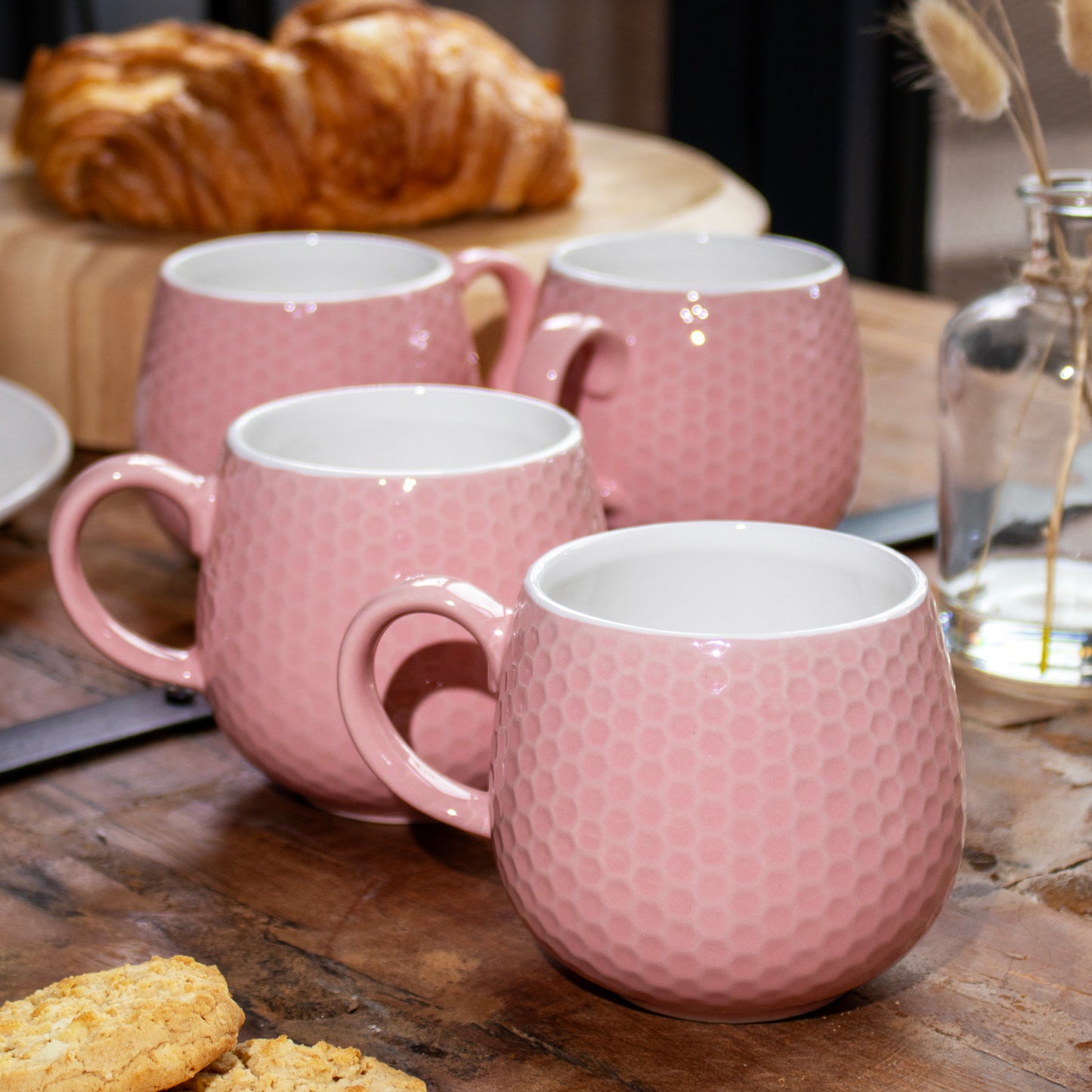 Set Of 4 Pink Honeycomb Mugs