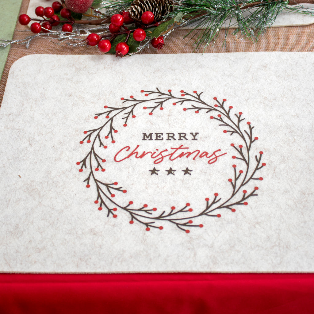 Set Of 4 Green & Cream Christmas Wreath Felt Placemats