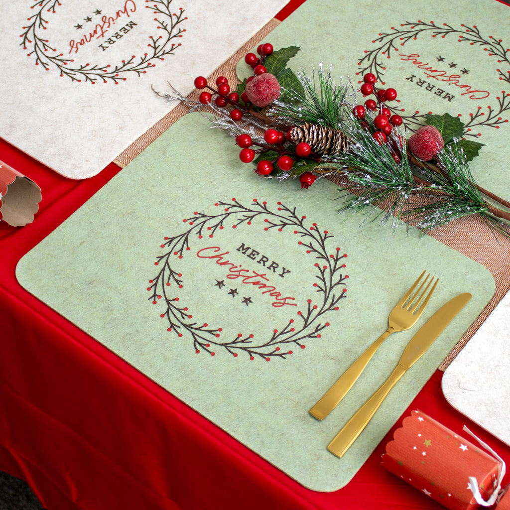 Set Of 4 Green & Cream Christmas Wreath Felt Placemats