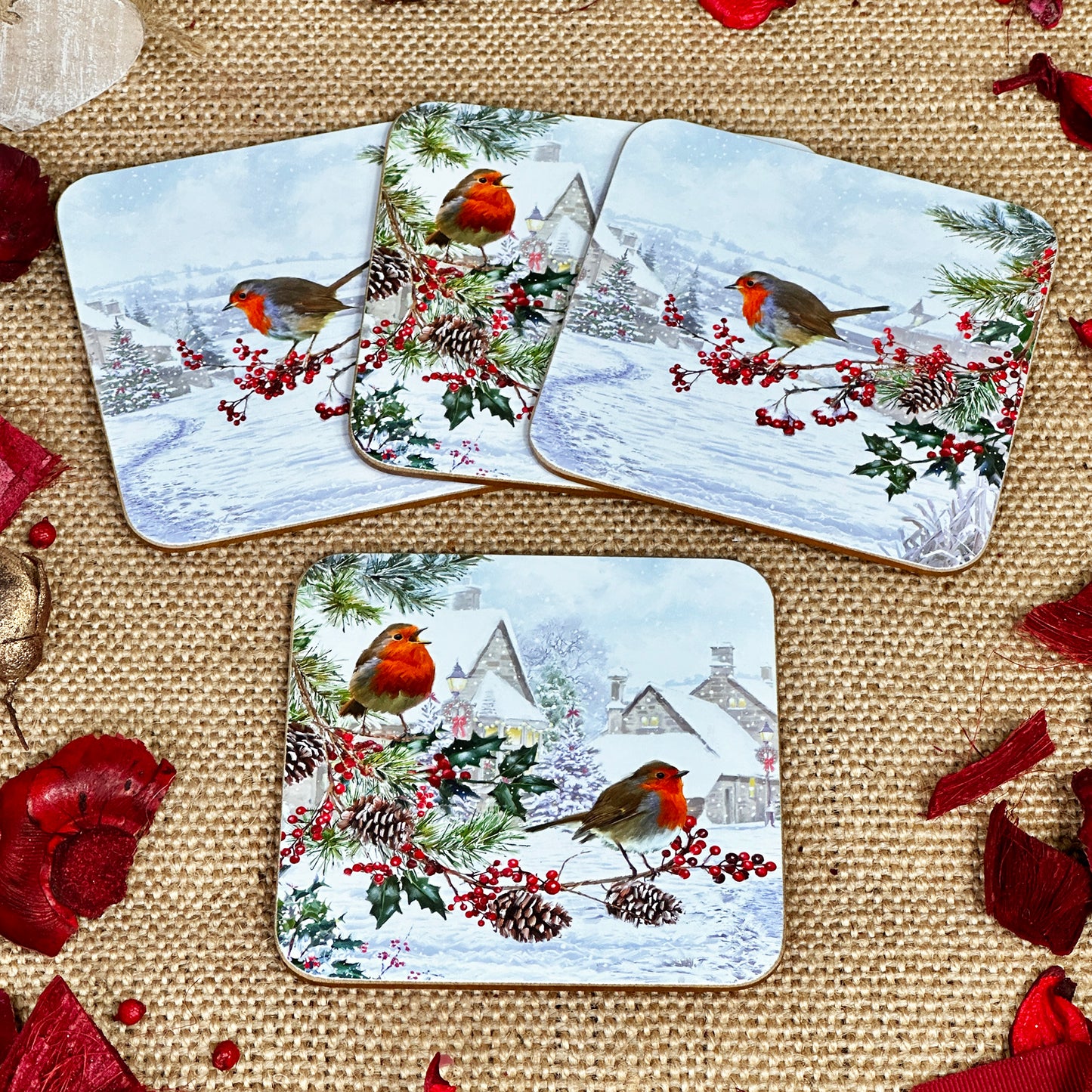 Set Of 4 Christmas Robin Coasters