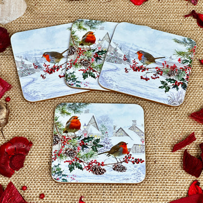 Set Of 4 Christmas Robin Coasters