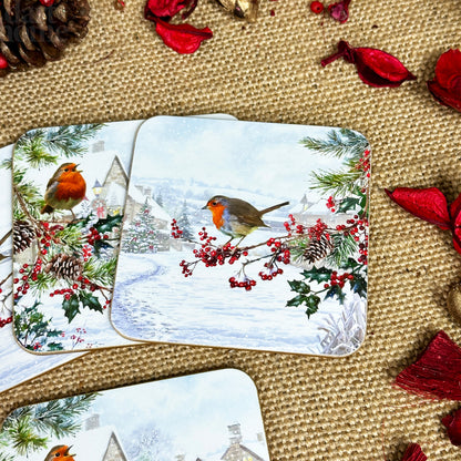 Set Of 4 Christmas Robin Coasters