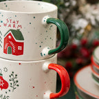 Set Of 4 Speckle Stoneware Christmas Stacking Mugs