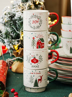Set Of 4 Speckle Stoneware Christmas Stacking Mugs