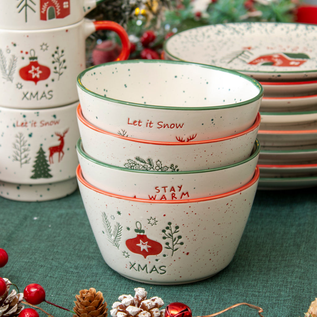 Set Of 4 Speckle Stoneware Christmas Cereal Bowls