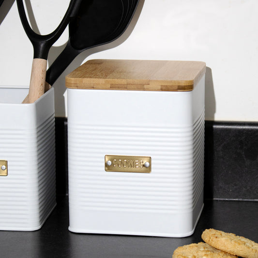 White And Gold Ribbed Cookie Tin