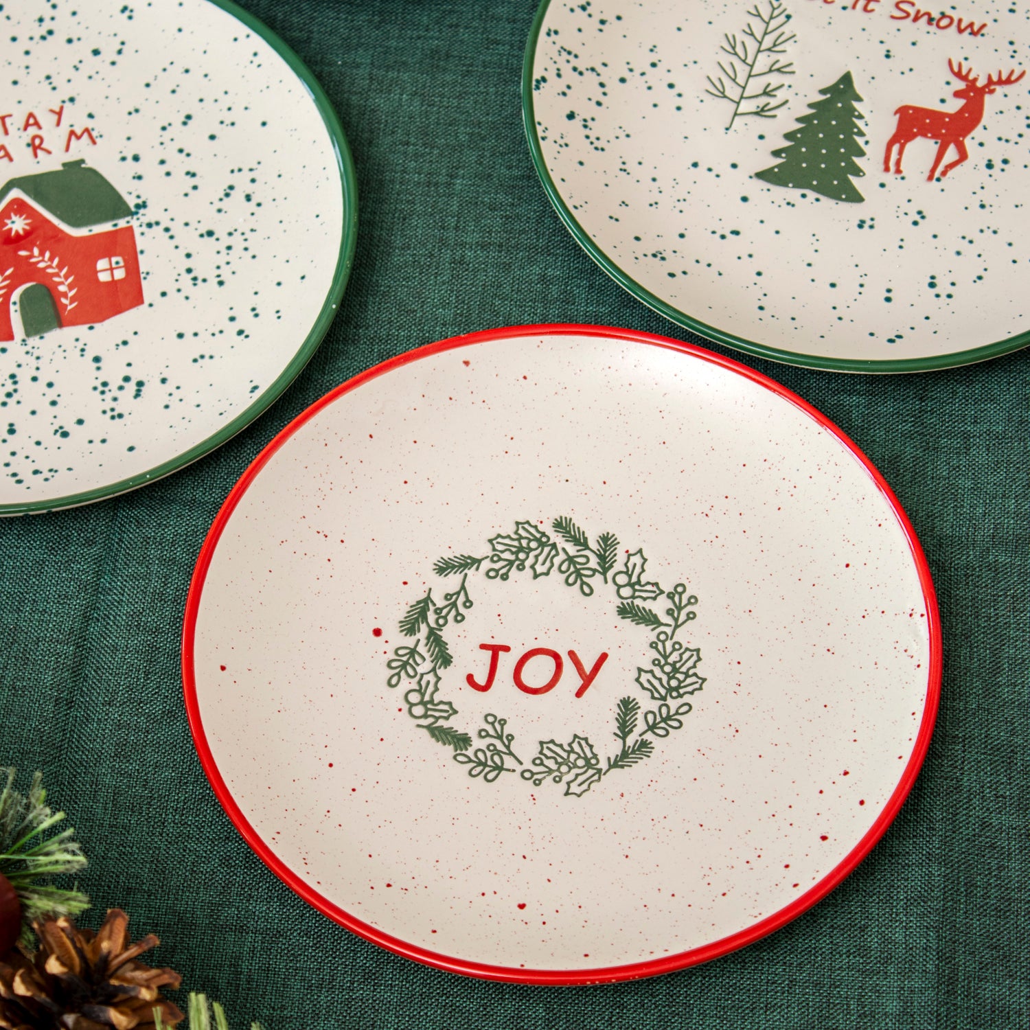 Set Of 4 Speckle Stoneware Christmas Side Plates