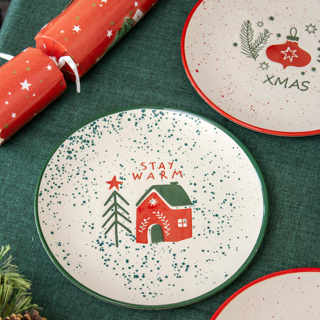 Set Of 4 Speckle Stoneware Christmas Side Plates