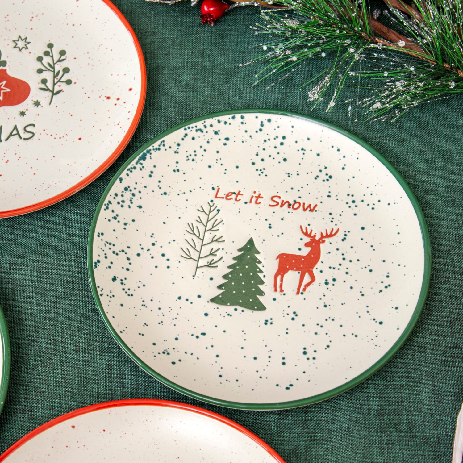 Set Of 4 Speckle Stoneware Christmas Side Plates