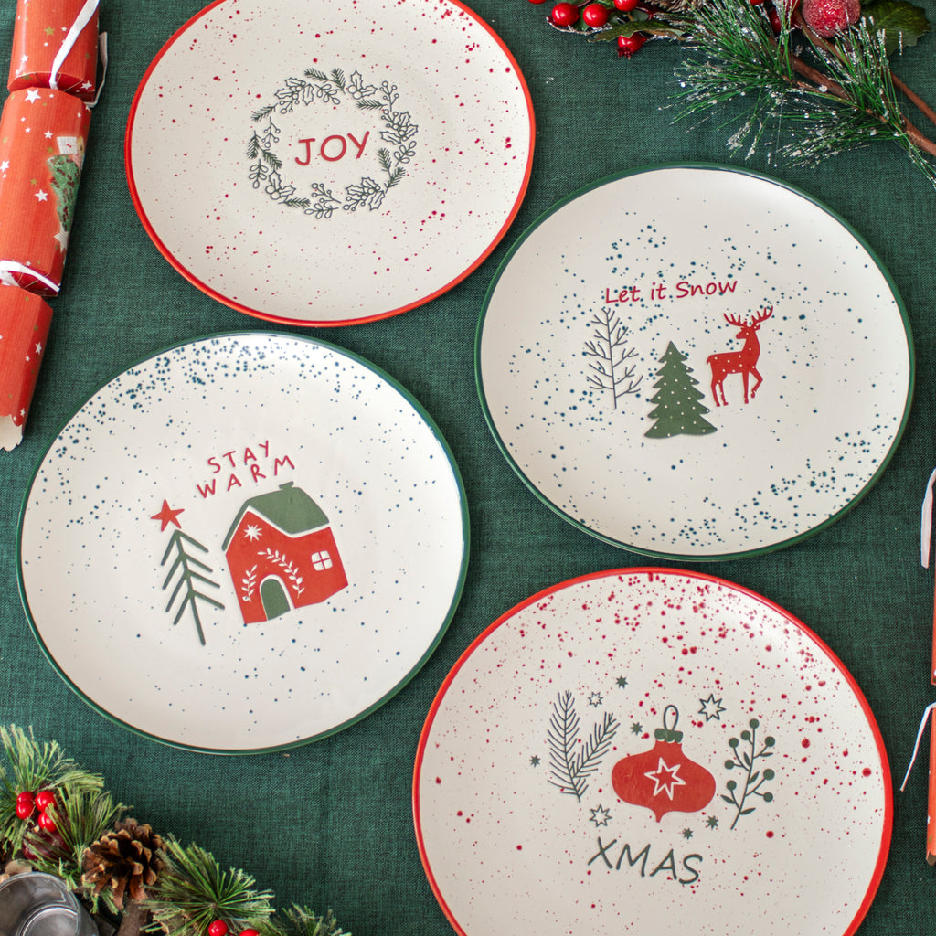 Set Of 4 Speckle Stoneware Christmas Dinner Plates