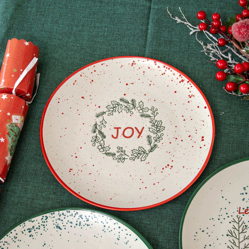 Set Of 4 Speckle Stoneware Christmas Dinner Plates
