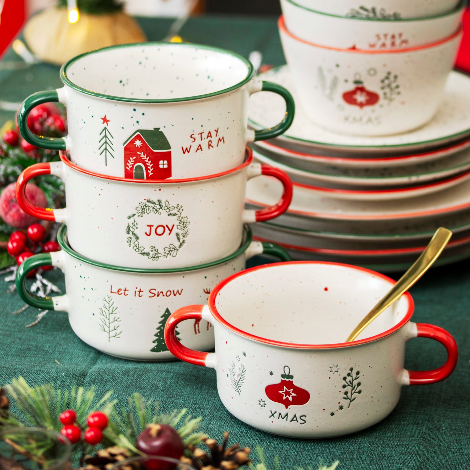 Set Of 4 Stoneware Christmas Soup Bowls With Handles