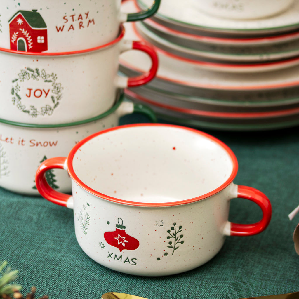 Set Of 4 Stoneware Christmas Soup Bowls With Handles