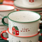 Set Of 4 Stoneware Christmas Soup Bowls With Handles