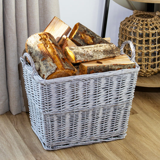 Large Grey Rectangular Wicker Log Basket