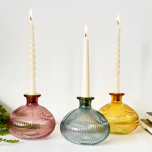 Set Of 3 Boho Glass Candlestick Holders