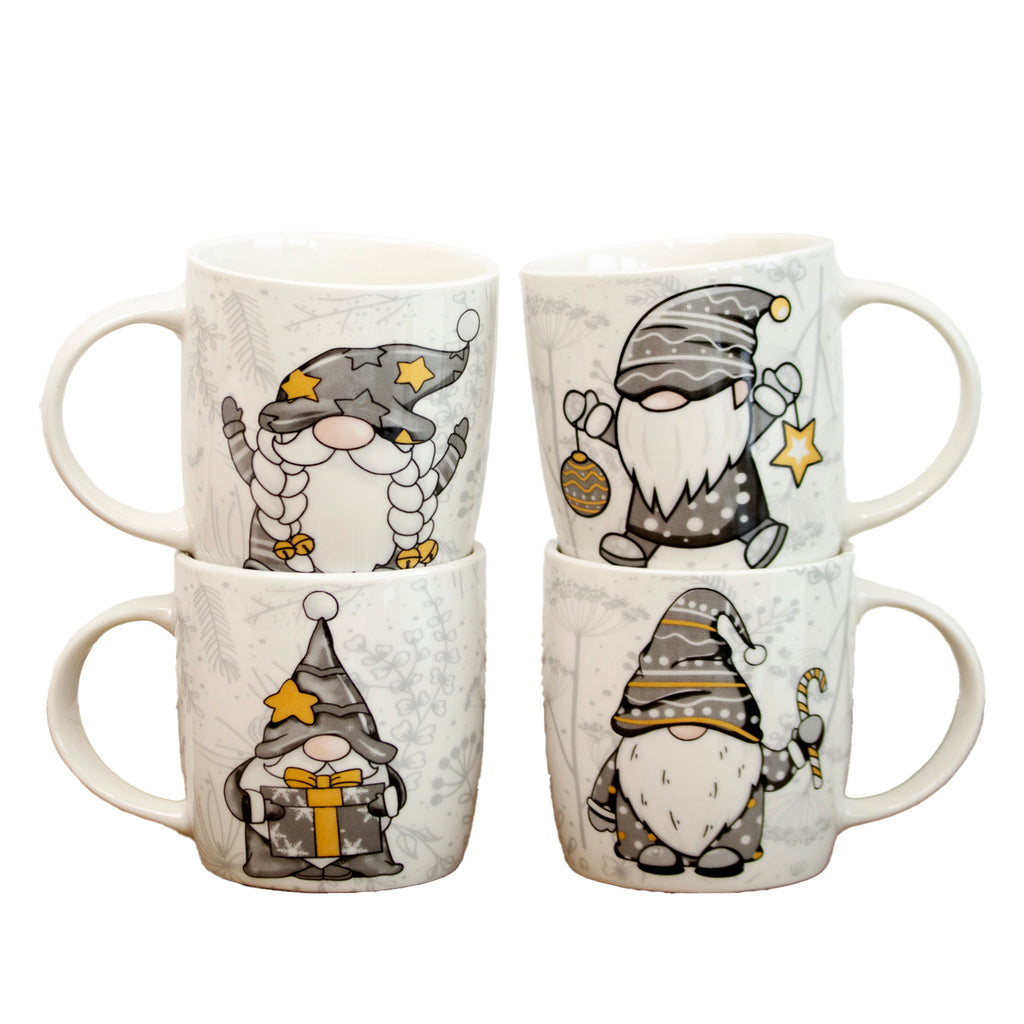 Set Of 4 Grey & Gold Gonk Mugs